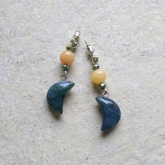 Dark Green Moss Agate Moons + Citrine Beads ~ Unique & Handmade Dangle Earrings - Picture 7 of 12